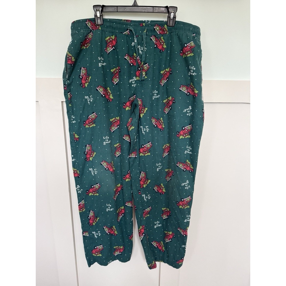 LIFE IS GOOD CHRISTMAS PAJAMA PANTS MEN XL FLANNEL Green Snow Truck Tree Wreath